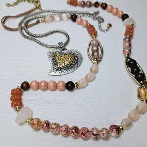 2 Chicos Necklaces Inspire Love Cherish Heart Chain Earthtone Beads Leather